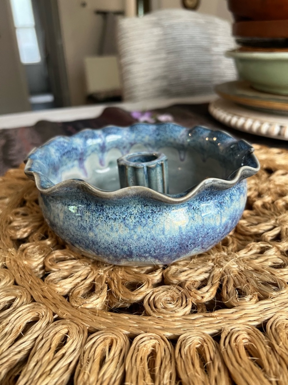 Handmade Blue Glazed Ceramic Flower Frog Vase Studio Pottery Bud Bowl 7” - Picture 6 of 9